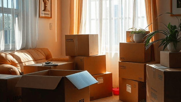 huis vol spullen Een woonkamer met daarin een hoop verhuisdozen