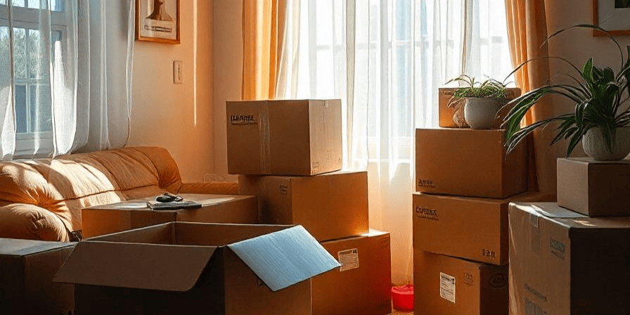 Een woonkamer met daarin een hoop verhuisdozen