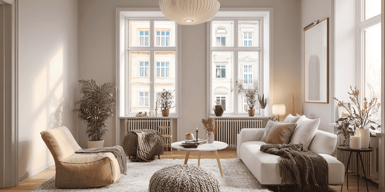 Interieur Een moderne woonkamer met neutrale kleuren, planten en stijlvolle details in een eerste woning