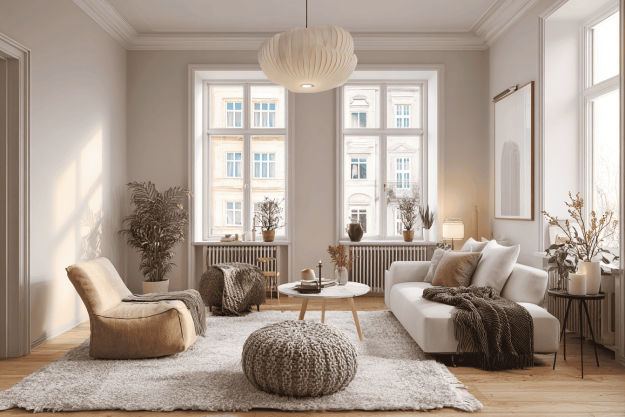 Een moderne woonkamer met neutrale kleuren, planten en stijlvolle details in een eerste woning