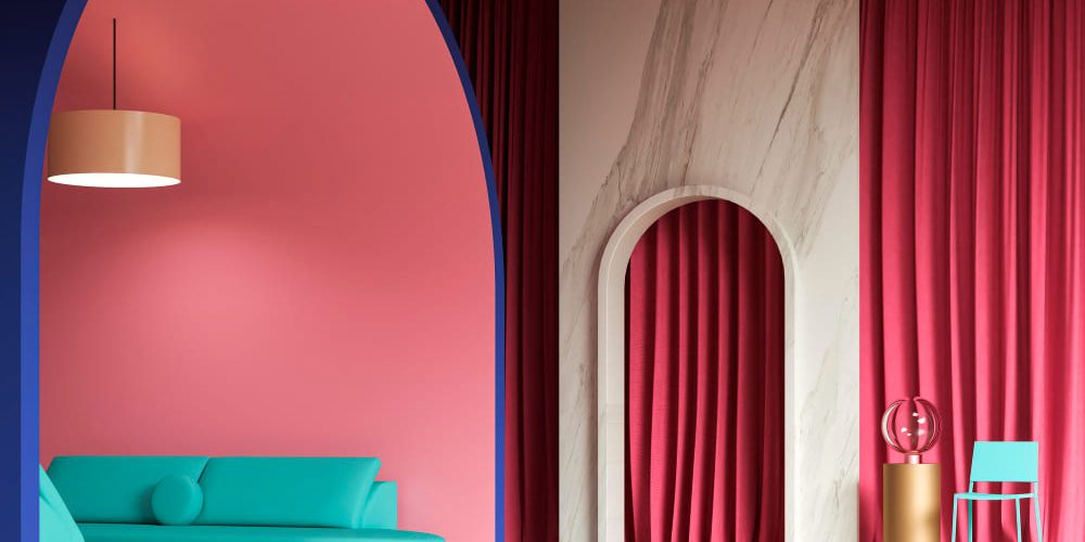 interieur met vreemde kleuren Een huis ingericht met de kleuren blauw en rood