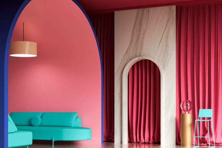 interieur met vreemde kleuren Een huis ingericht met de kleuren blauw en rood