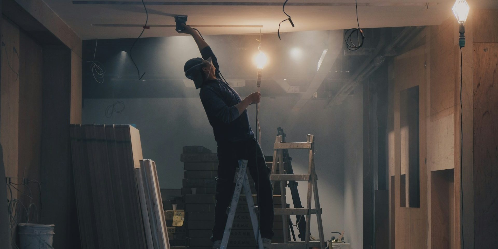 Monteur voert routinechecks onderhoudskosten uit bij elektrische installatie aan plafond