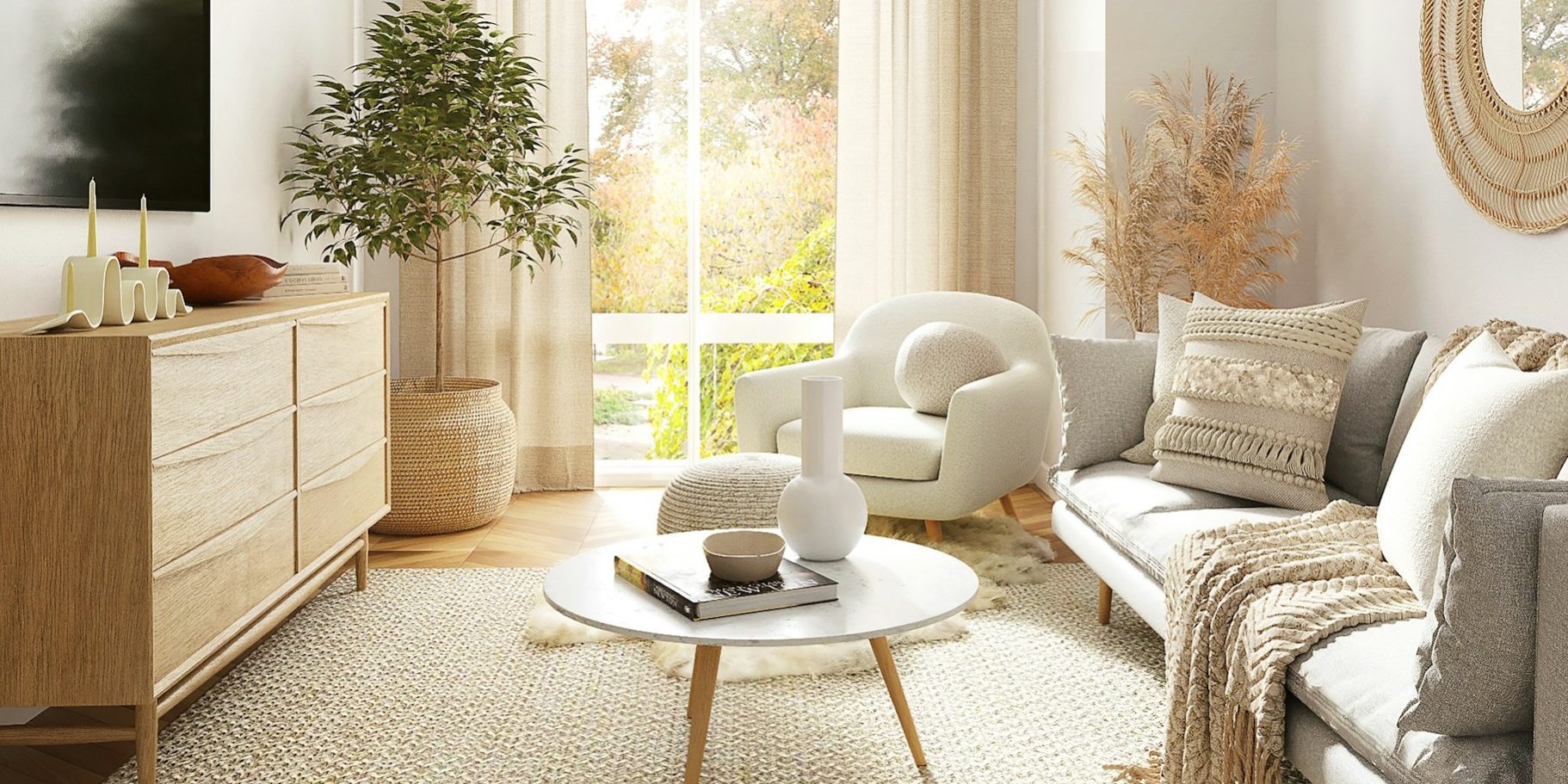 Lichte woonkamer met tijdloos interieurontwerp, houten meubels, neutrale tinten, linnen textiel en veel natuurlijk licht