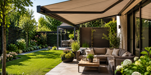 Moderne tuin met terrasoverkapping en knikarmscherm voor comfortabele schaduw op zonnige dag Moderne tuin met terrasoverkapping en knikarmscherm voor comfortabele schaduw op zonnige dag