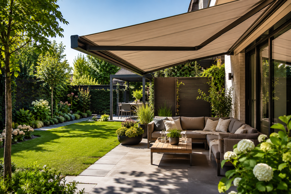 Moderne tuin met terrasoverkapping en knikarmscherm voor comfortabele schaduw op zonnige dag Moderne tuin met terrasoverkapping en knikarmscherm voor comfortabele schaduw op zonnige dag
