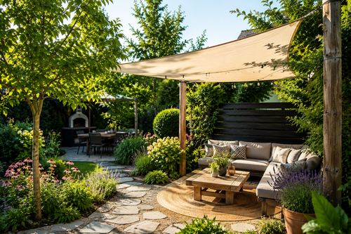 Sfeervolle tuin met schaduwdoek, loungeset en groene beplanting tijdens zonnige zomerdag