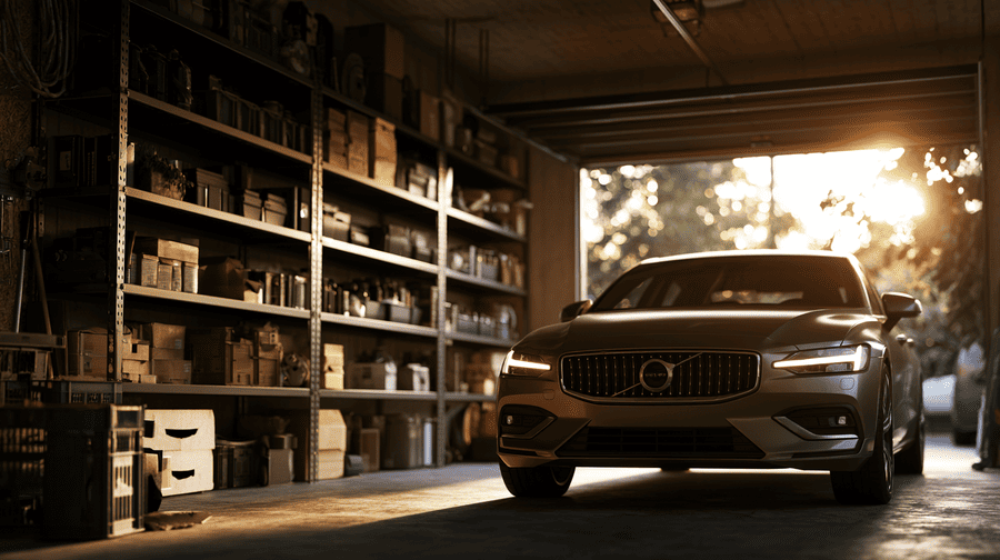 ingerichte garage met rekken en auto