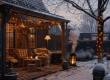 Tuin in winter met overkapping en verlichting