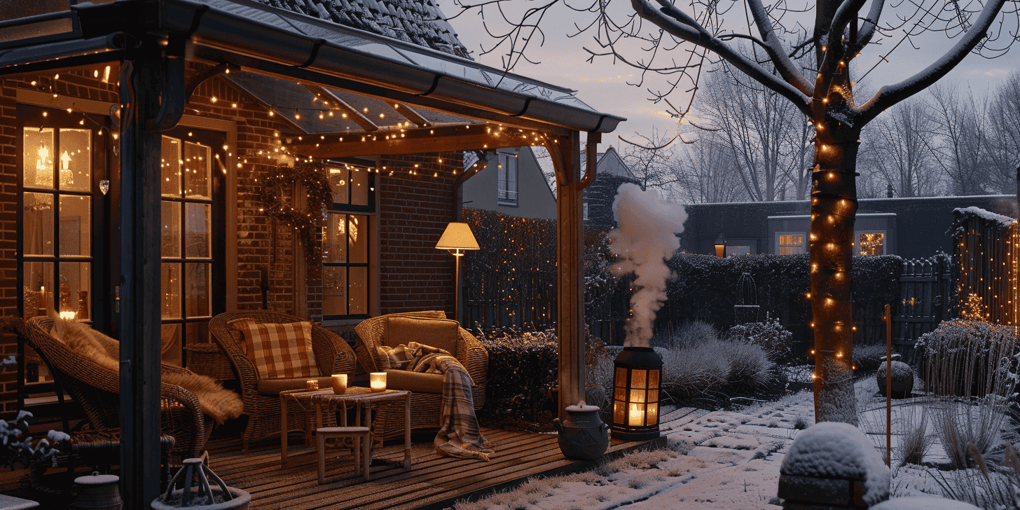 Tuin in winter met overkapping en verlichting