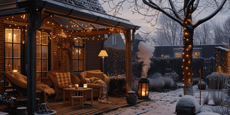 Tuin in winter met overkapping en verlichting