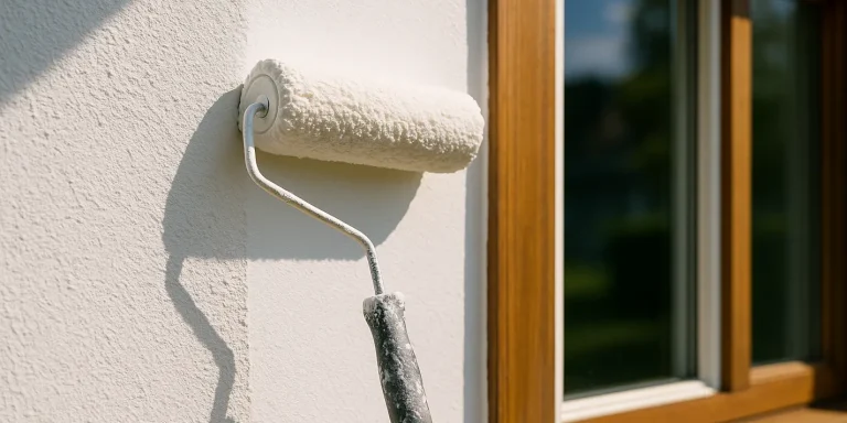 Zo bereid je je woning voor op buitenschilderwerk Verfroller brengt witte verf aan op voorbereide huismuur buitenschilderwerk