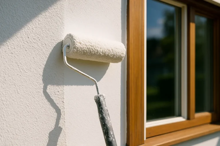 Verfroller brengt witte verf aan op voorbereide huismuur buitenschilderwerk