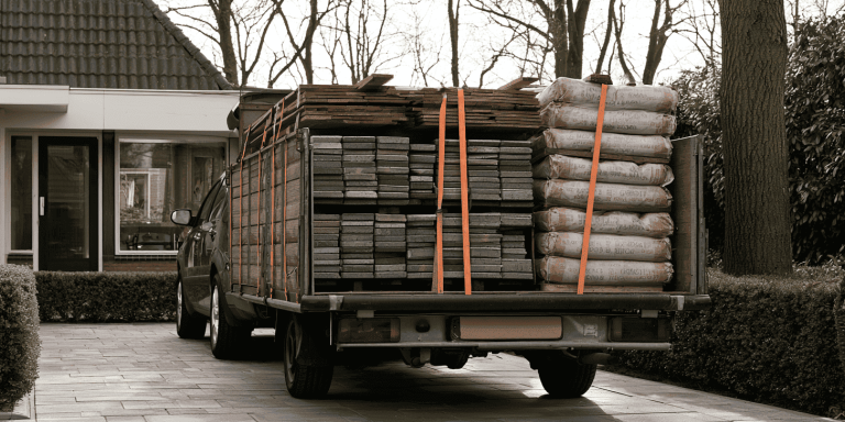 image1 Aanhanger met bouwmateriaal geladen achter auto