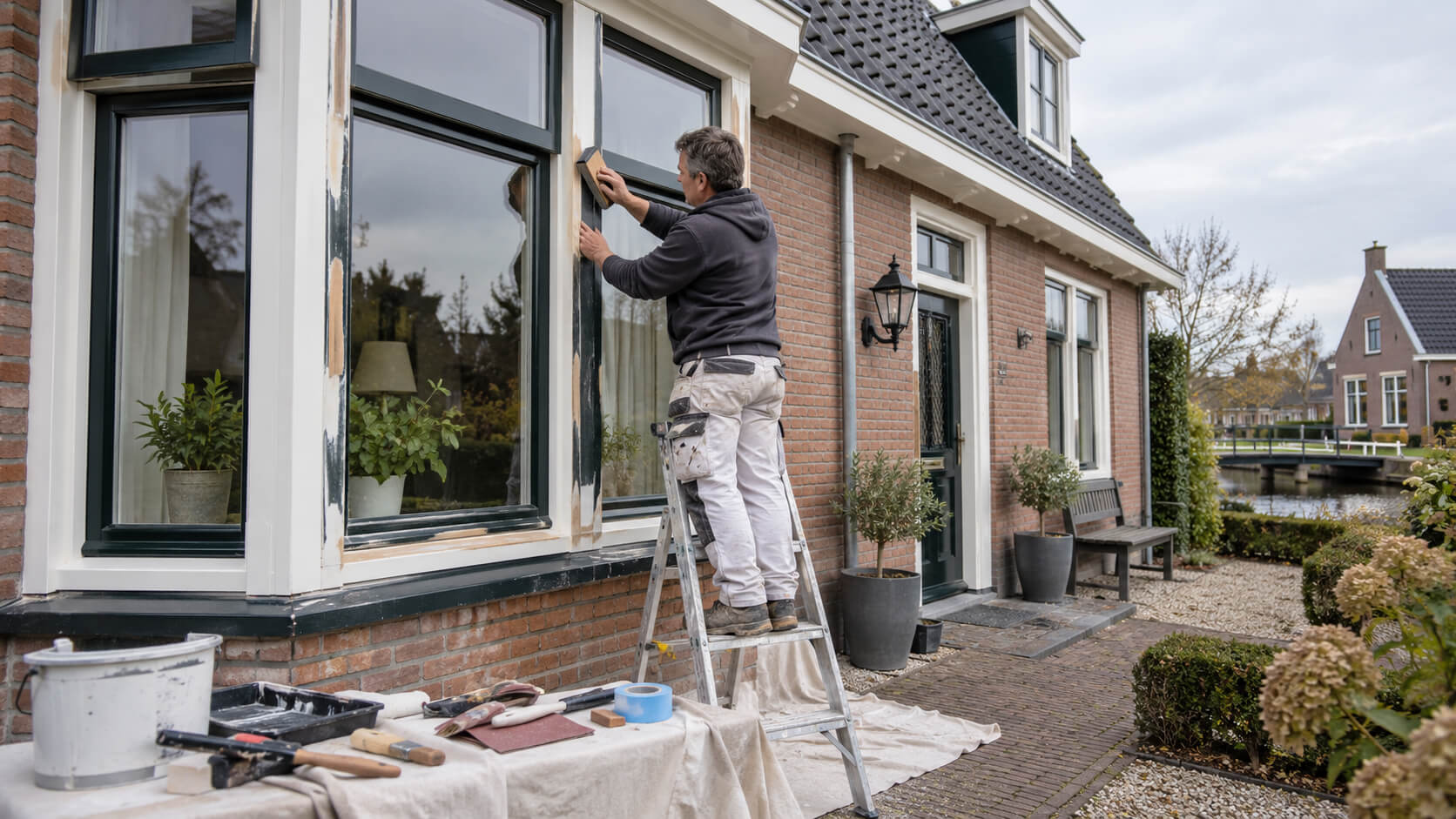Man schuurt een houten kozijn op een ladder tijdens de voorbereiding van een woning op buitenschilderwerk