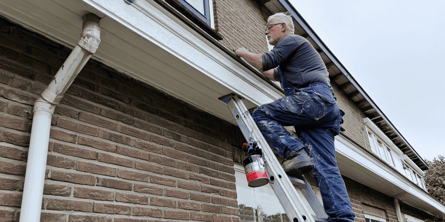 man op een ladder schildert een dakrand man op een ladder schildert een dakrand