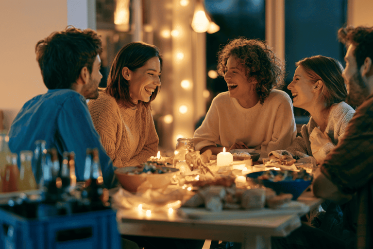 Vrienden vieren een feest thuis in de woonkamer met zelfgemaakte hapjes en drankjes