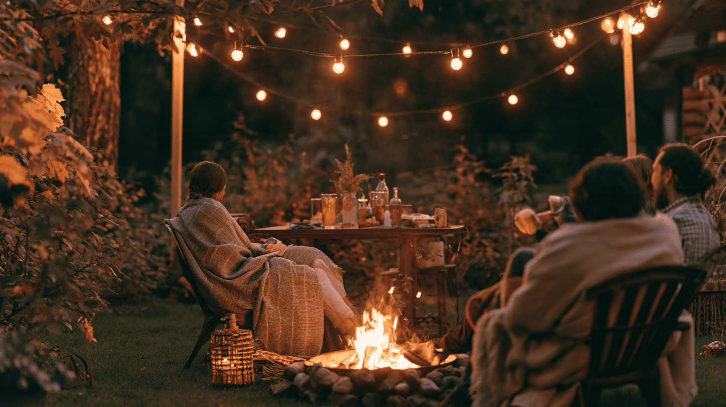 Gasten bij een vuurkorf tijdens een betaalbaar feest in de tuin met lichtsnoeren