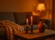 Gezellige najaarsstyling interieur met warme kaarsen, beige plaid en gedroogde takken
