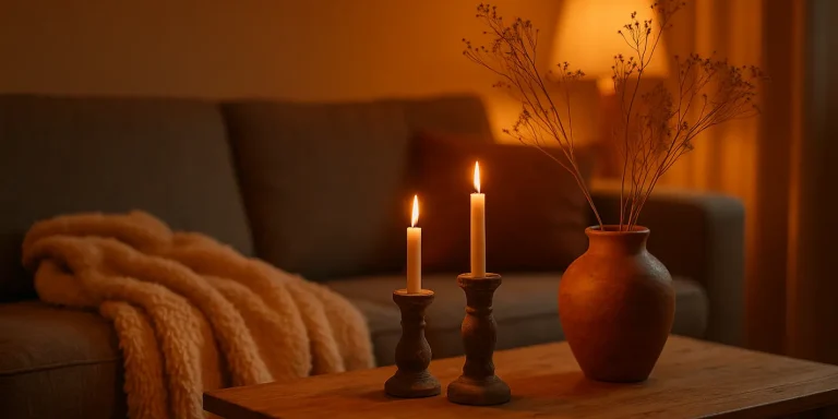 Najaarsstyling: subtiele veranderingen voor een warm interieur Gezellige najaarsstyling interieur met warme kaarsen, beige plaid en gedroogde takken