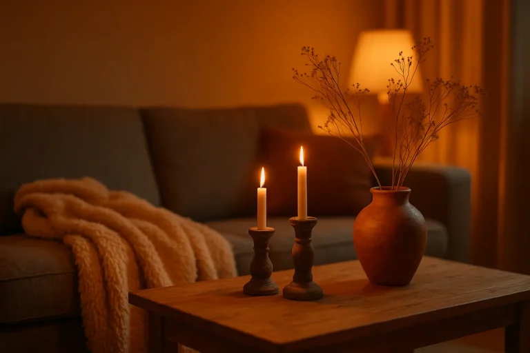 Gezellige najaarsstyling interieur met warme kaarsen, beige plaid en gedroogde takken