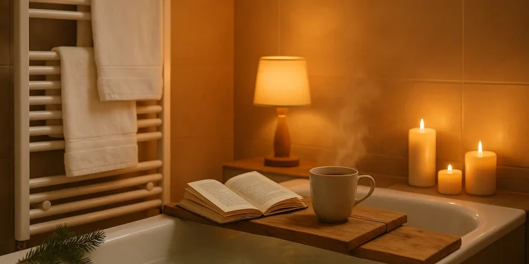 Zo maak je van je huis een thuis-wellness voor de donkere maanden Thuis wellness: dampend bad met kaarsen, thee en boek