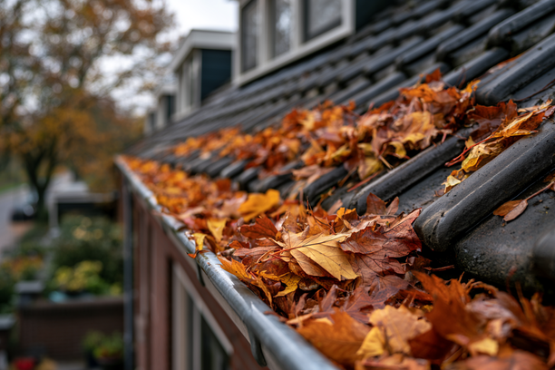 : Dakgoot van een huis gevuld met opgehoopte oranje herfstbladeren.