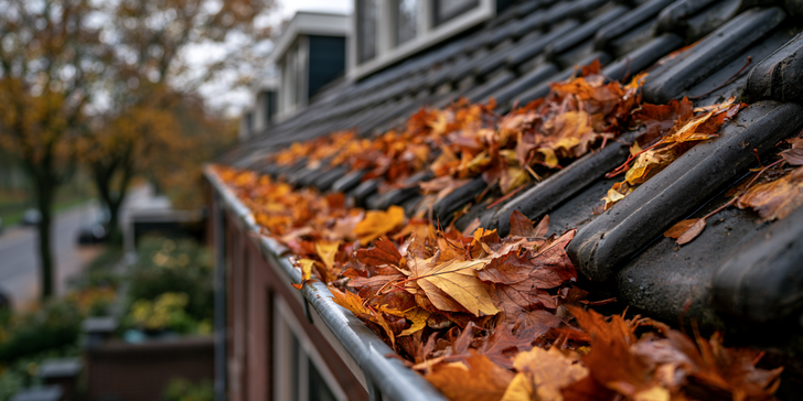 verstopte-dakgoot-schoonmaken-herfstbladeren : Dakgoot van een huis gevuld met opgehoopte oranje herfstbladeren.